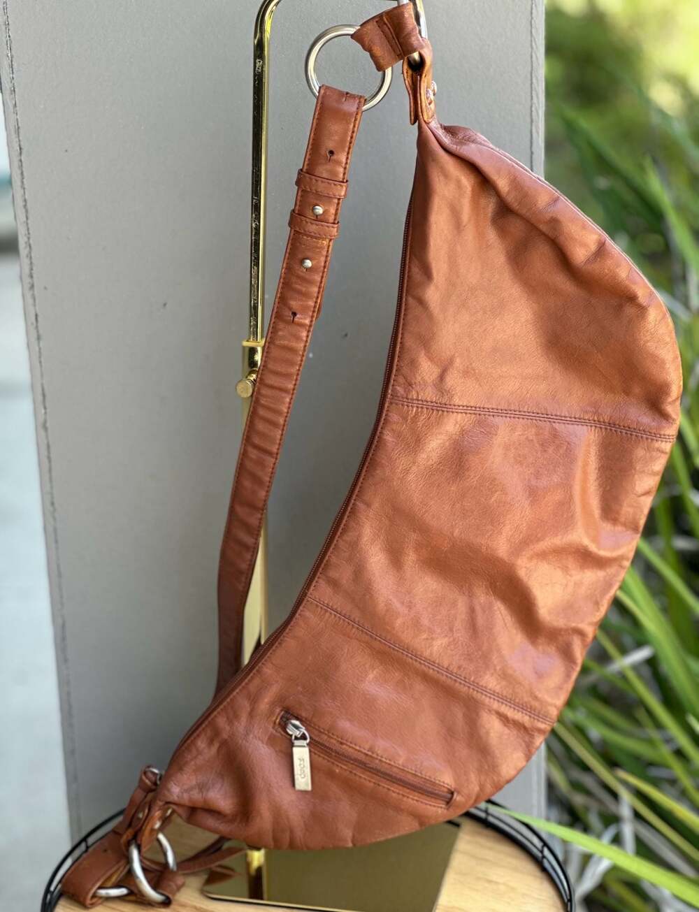 Hobo International Vintage Brown Leather Slouchy Crossbody Sling Bag with Floral